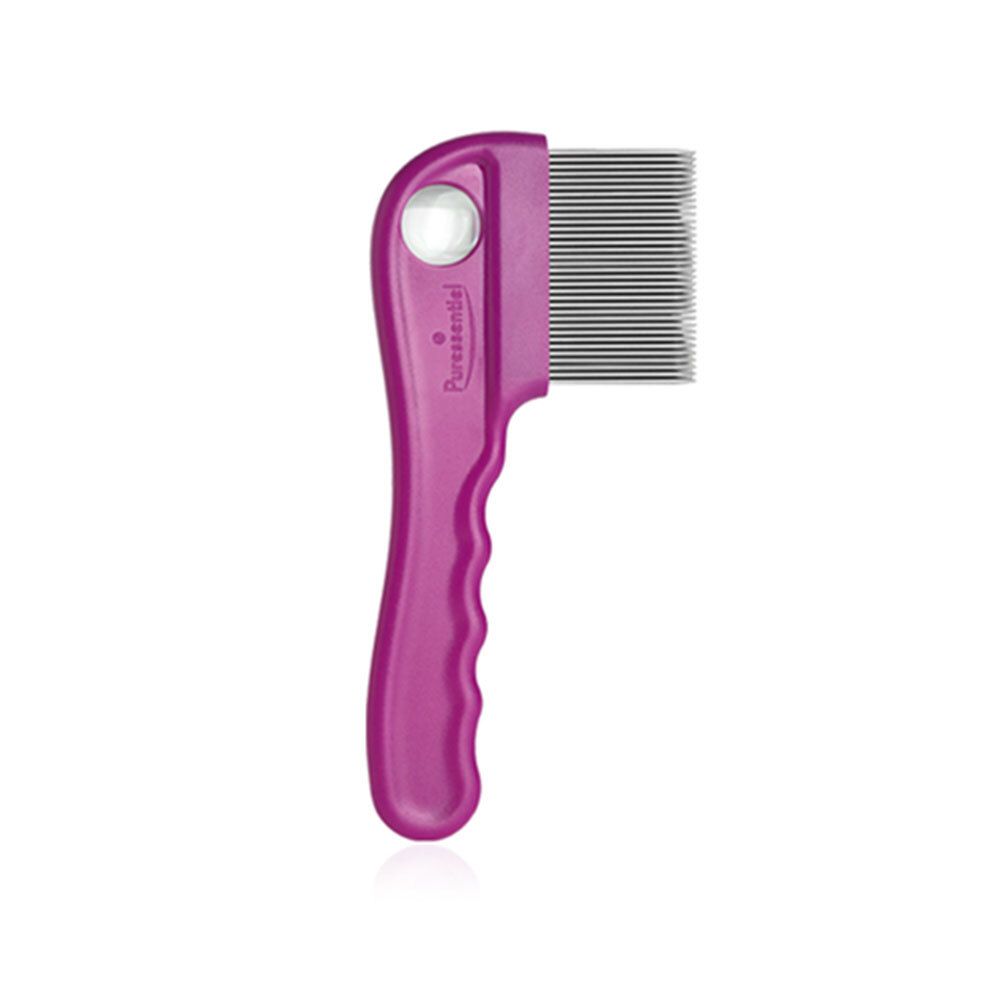 Paarse luizenkam met handvat en metalen tanden. Het handvat heeft een ronde uitsparing en een ergonomische vorm.