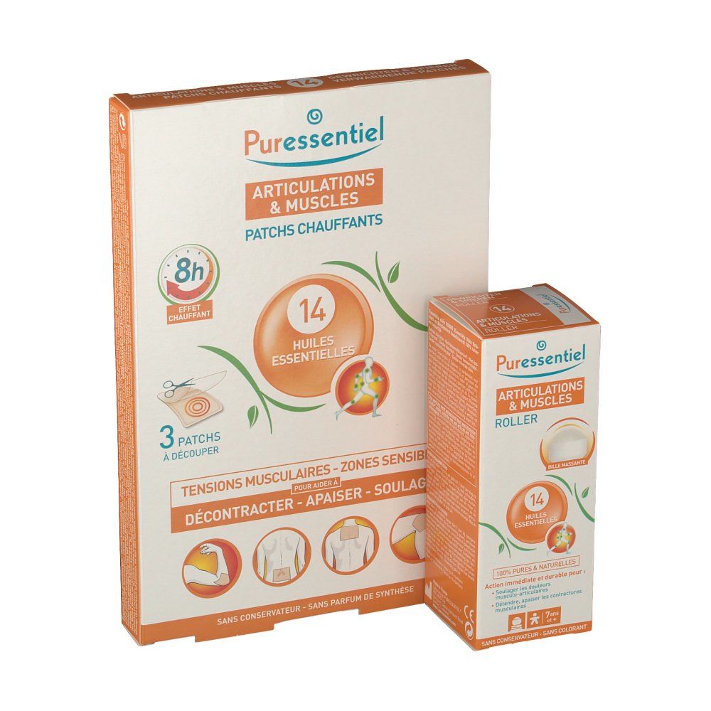 Puressentiel Articulations & Muscles 14 Huiles Essentielles Roller 75 ml + 3 Patches Chauffants A -50%