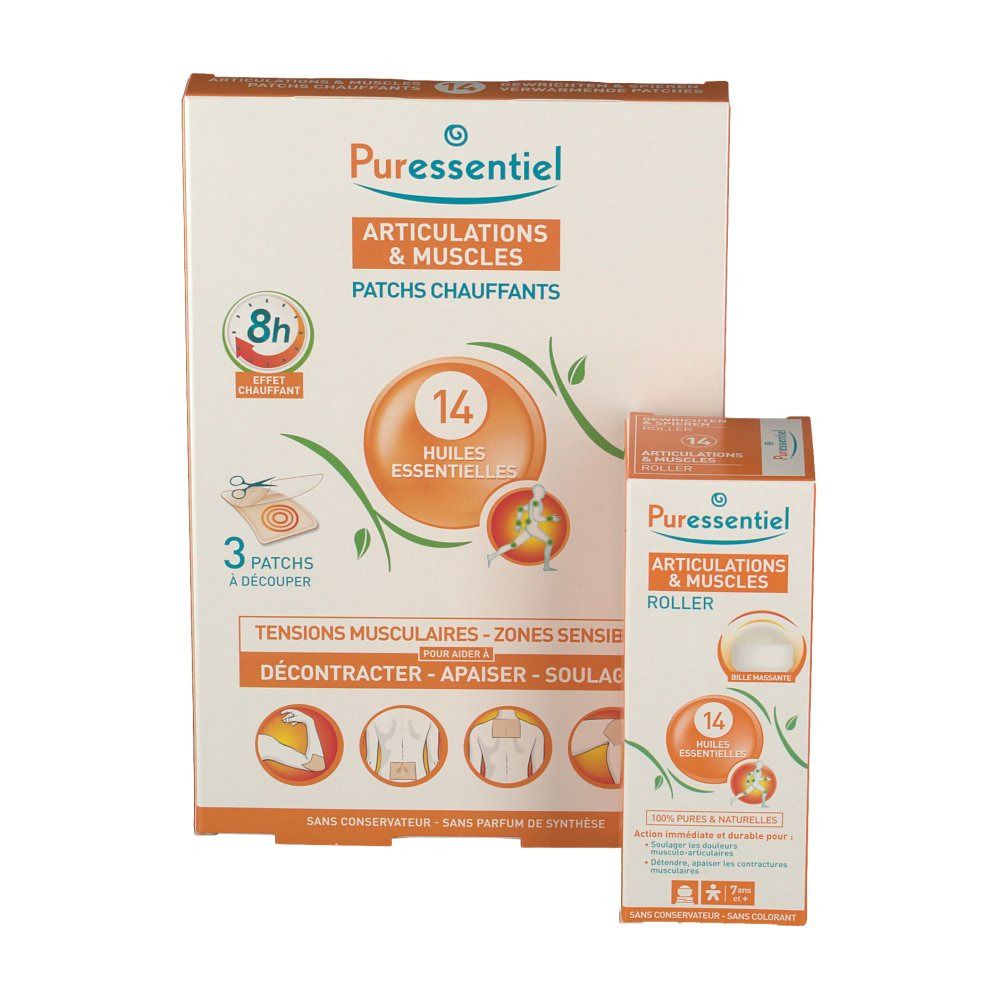 Puressentiel Articulations & Muscles 14 Huiles Essentielles Roller 75 ml + 3 Patches Chauffants A -50%