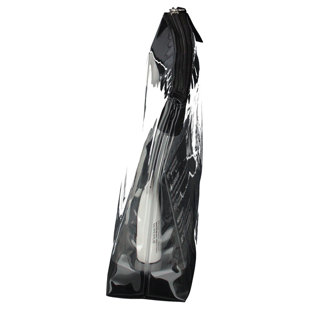 Transparante toilettas met zwarte rits. Bevat een witte fles. Zijaanzicht.