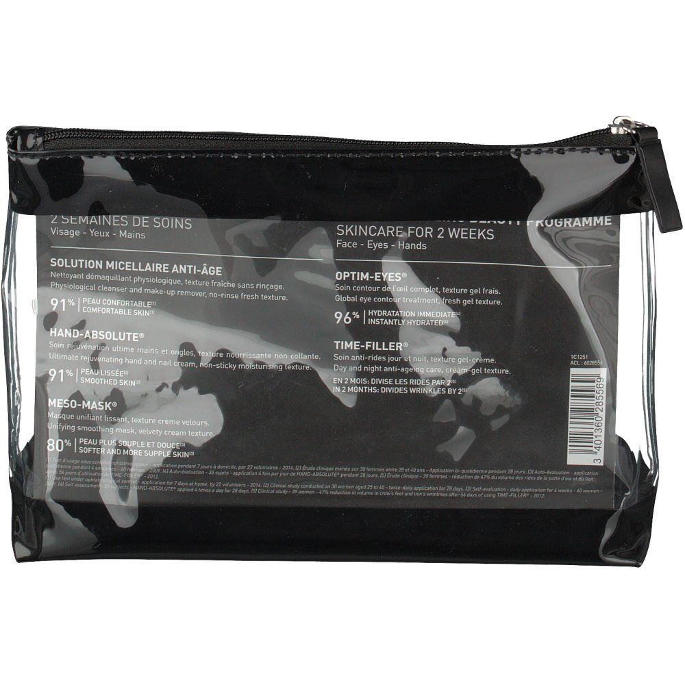 Zwarte toilettas met transparant venster. Tekst met productinformatie. Achteraanzicht.