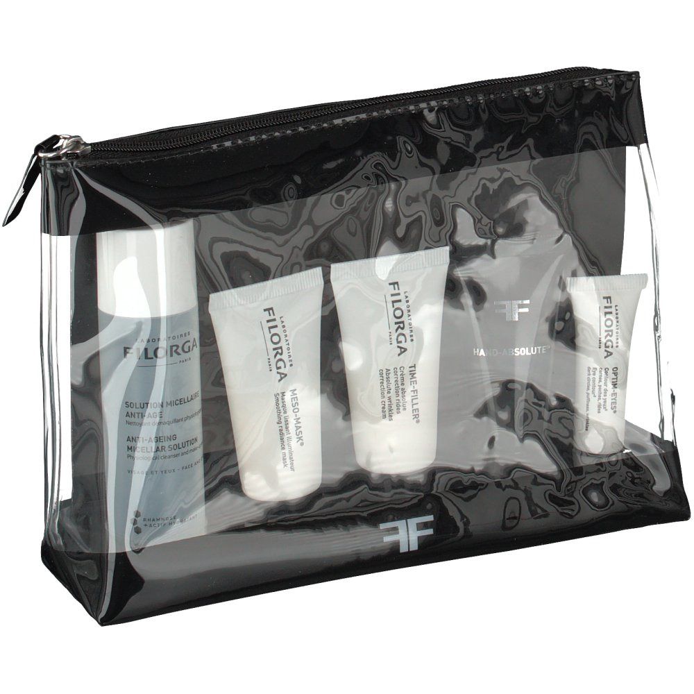 Zwarte toilettas met transparant venster. Bevat meerdere witte tubes en flacons. Vooraanzicht.