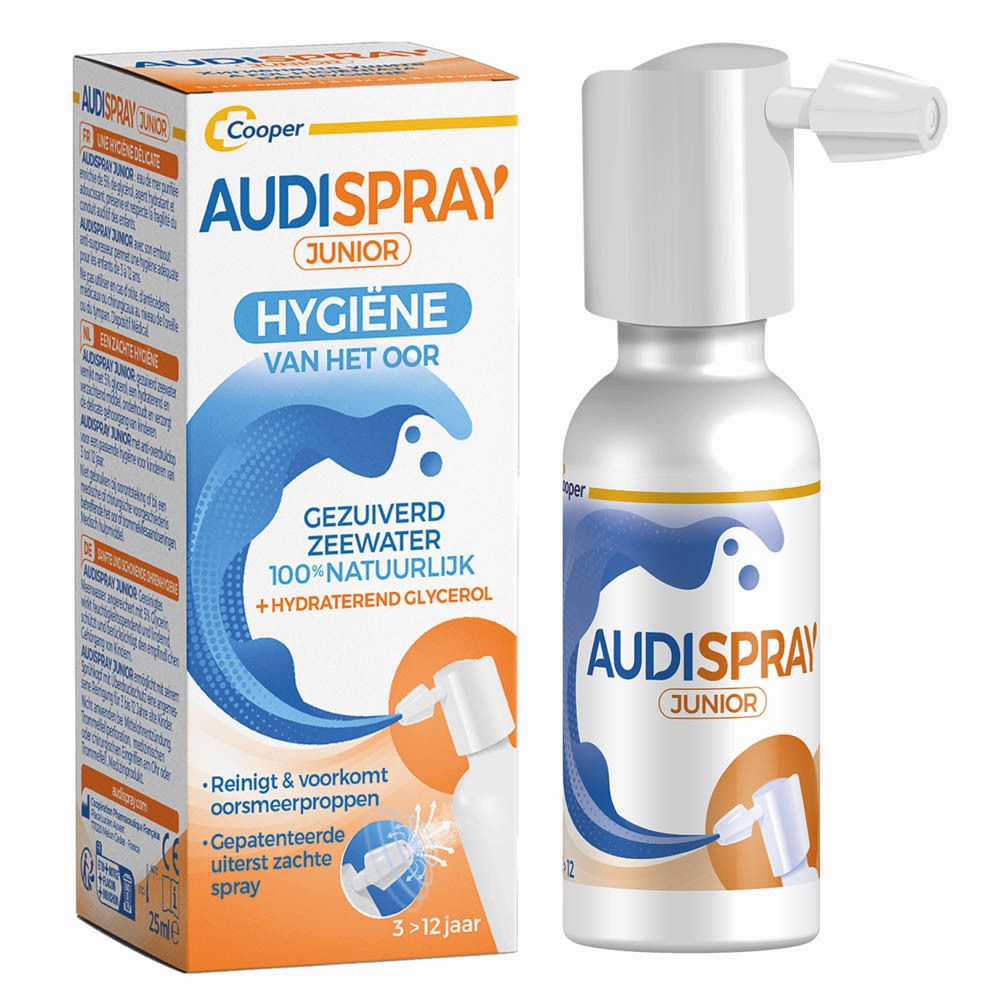 Doos en fles. Opschrift: AUDISPRAY Junior. Met zeewater en glycerine.