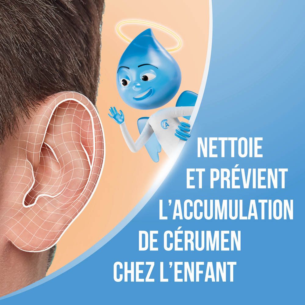 Illustration d'une oreille avec un ange goutte d'eau. Texte: Nettoie et prévient l'accumulation de cérumen.