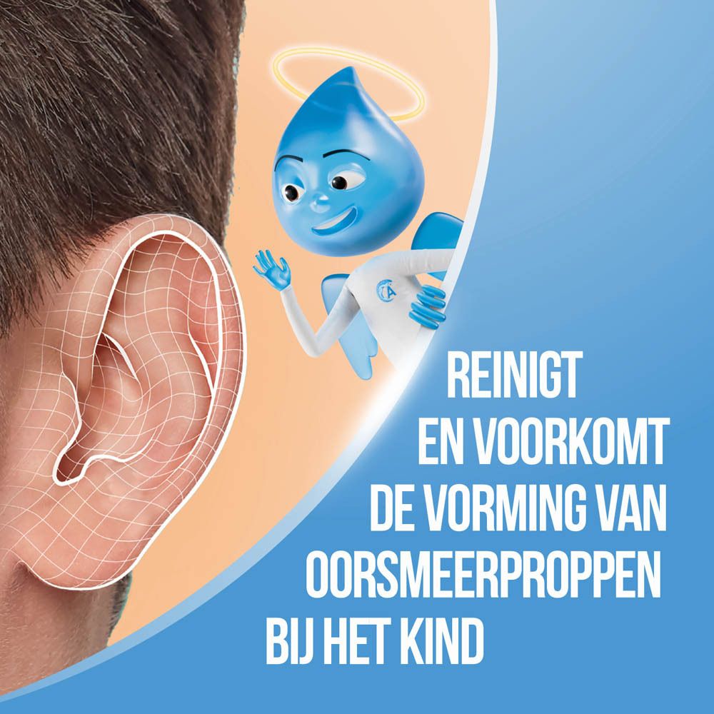 Illustratie van een oor met een waterdruppel engel. Tekst: Reinigt en voorkomt oorsmeerproppen.