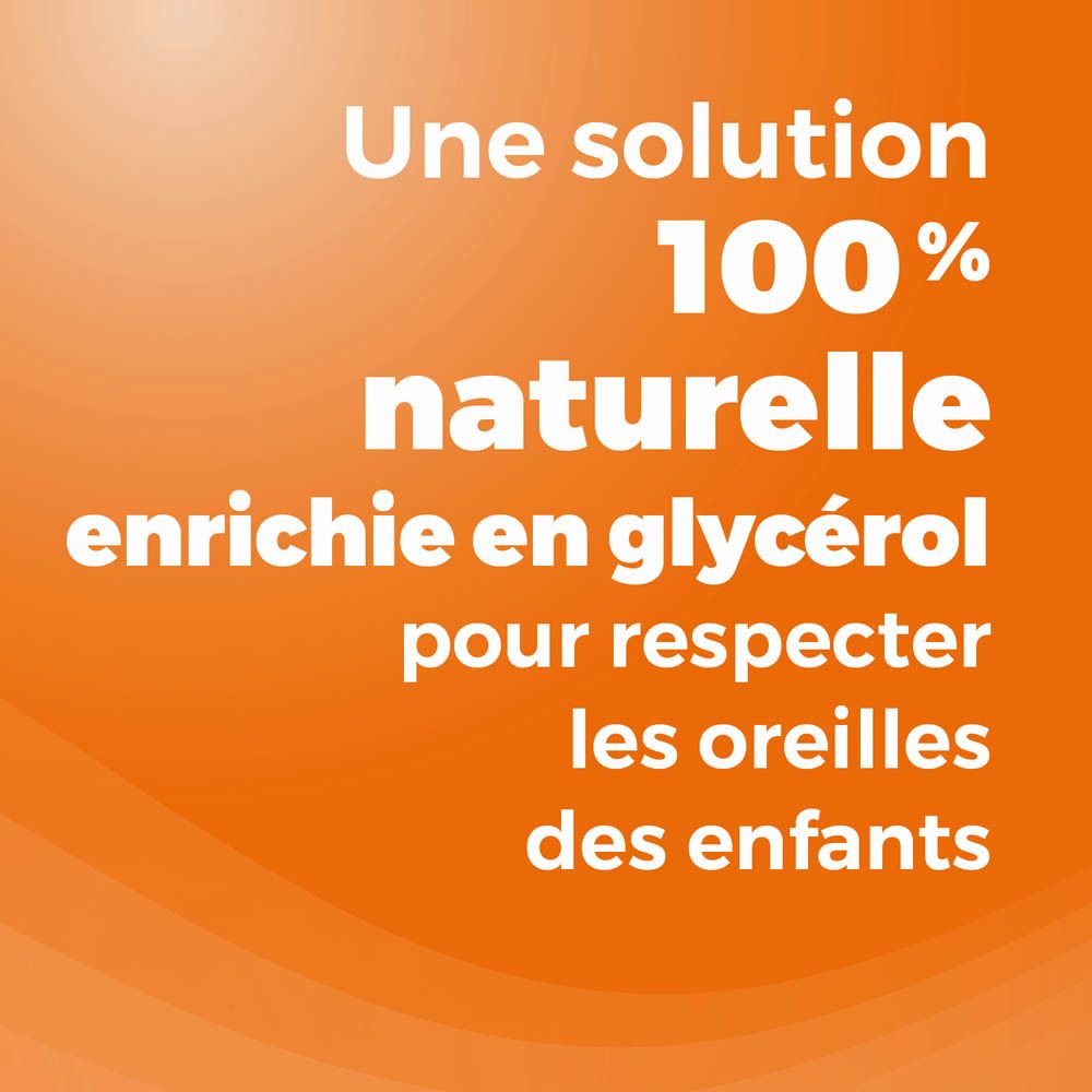 Texte: Une solution 100% naturelle enrichie en glycérine pour les oreilles des enfants.