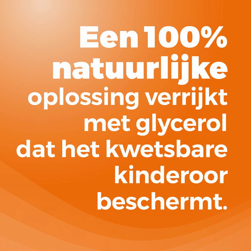 Tekst: Een 100% natuurlijke oplossing verrijkt met glycerine voor kinderoren.