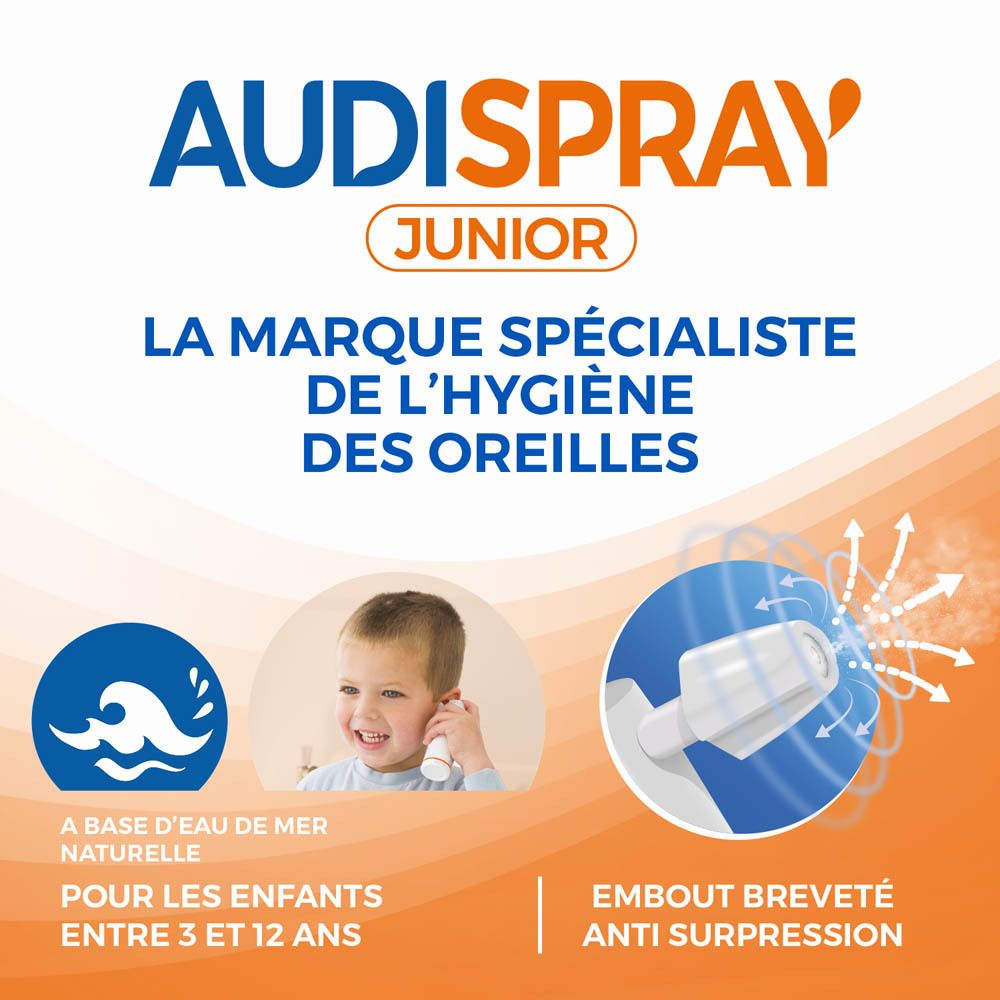 Texte: AUDISPRAY Junior, le spécialiste de l'hygiène des oreilles. Pour enfants de 3 à 12 ans.