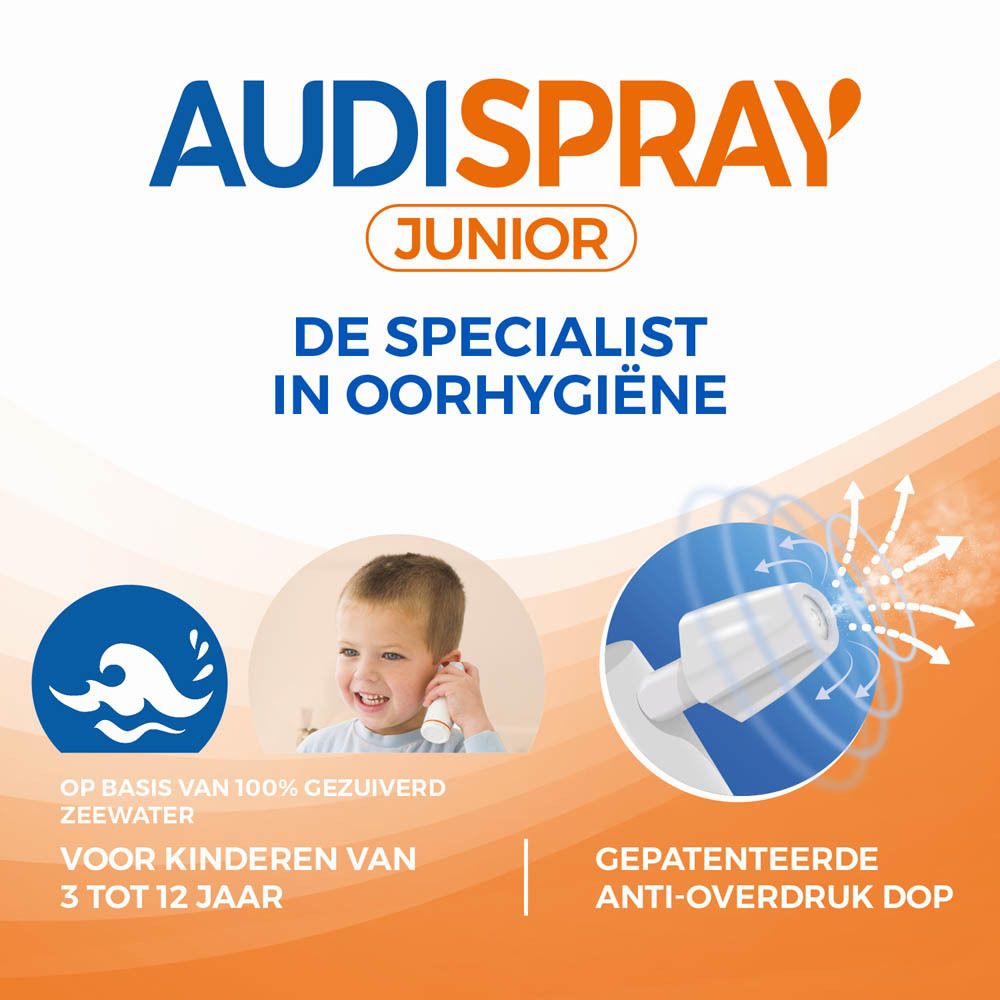 Tekst: AUDISPRAY Junior, de specialist in oorhygiëne. Voor kinderen van 3 tot 12 jaar.