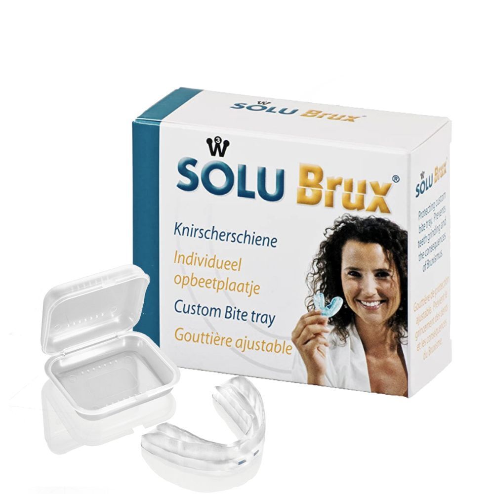 Gouttière Solu Brux et boîte de rangement. Boîte ouverte, gouttière visible. Gouttière supplémentaire.