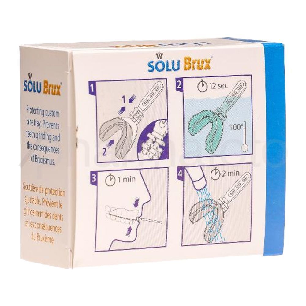 Dos de la boîte Solu Brux. Illustrations des étapes d'adaptation de la gouttière. Indications de temps et de température.