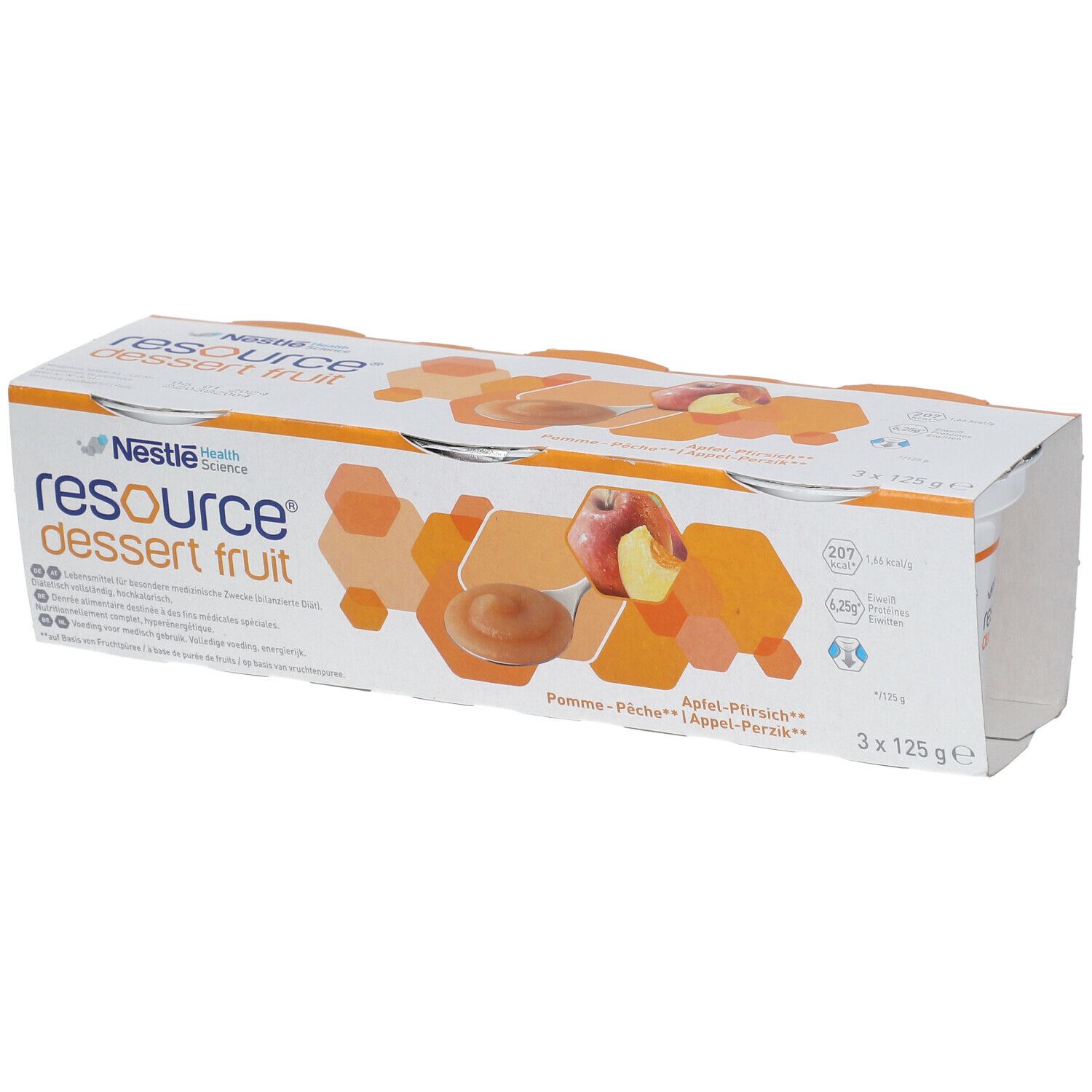 Emballage Resource Dessert Fruit, 3 pots. Inscription: Pomme-Pêche. Logo Nestlé Health Science. Poids total 375g.
