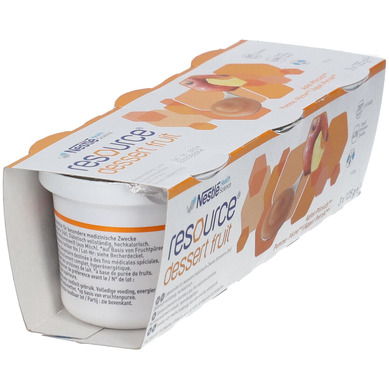 Pot Resource Dessert Fruit dans l'emballage. Inscription: Pomme-Pêche. Logo Nestlé Health Science. Pot individuel visible.
