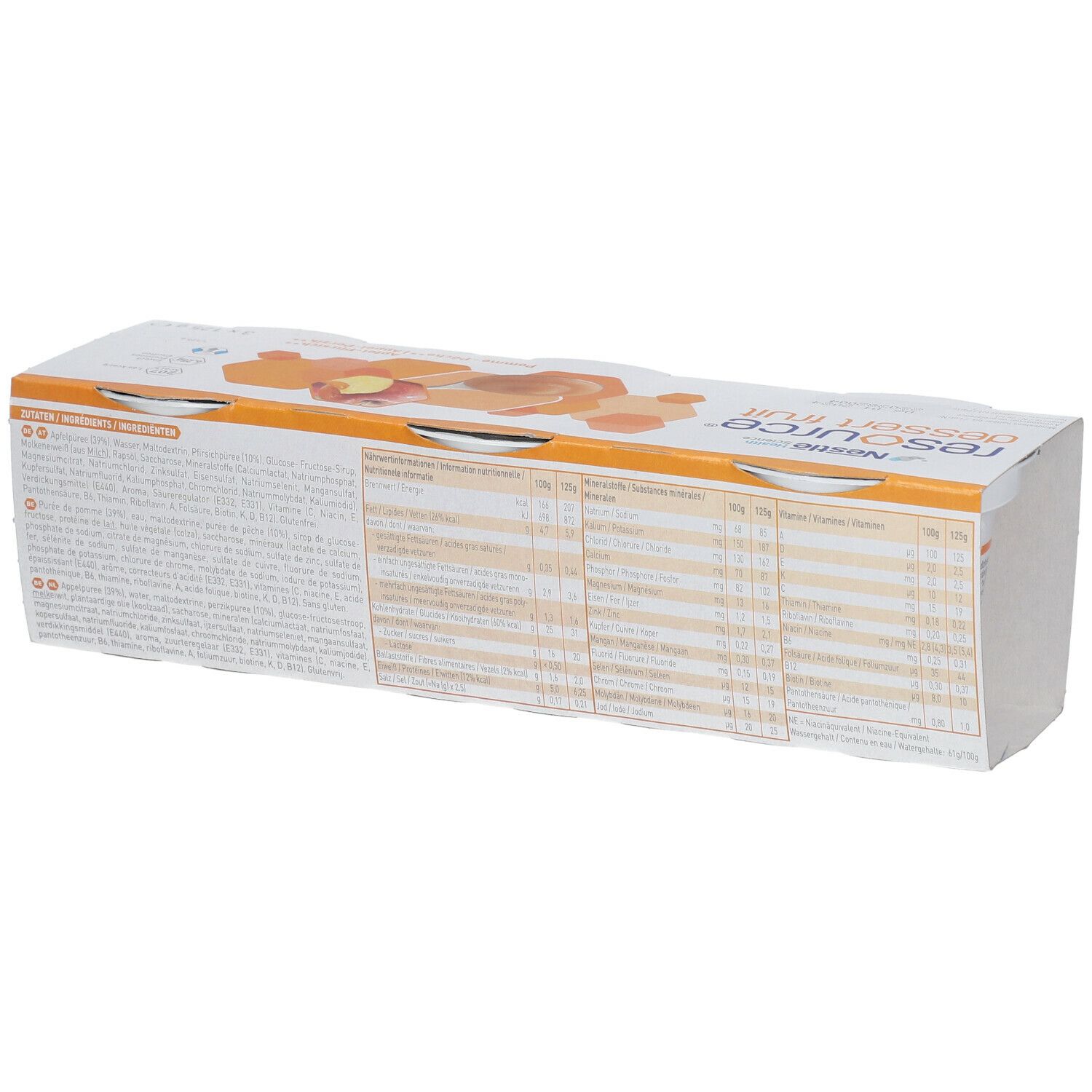 Dos de l'emballage Resource Dessert Fruit. Texte avec informations nutritionnelles et ingrédients. Logo Nestlé Health Science.