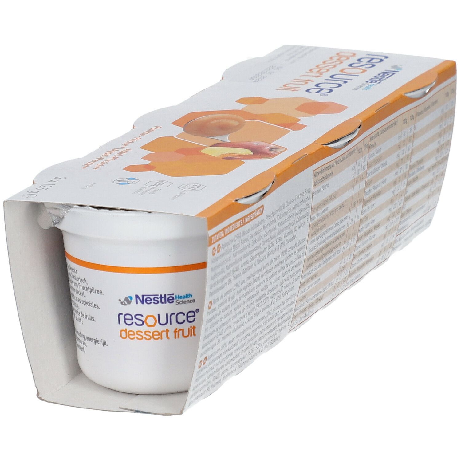 Pot Resource Dessert Fruit dans l'emballage. Inscription: Pomme-Pêche. Logo Nestlé Health Science. Pot individuel visible.