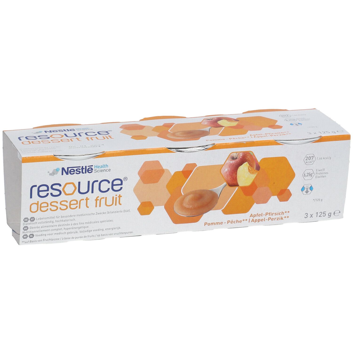Emballage Resource Dessert Fruit, 3 pots. Inscription: Pomme-Pêche. Logo Nestlé Health Science. Poids total 375g.