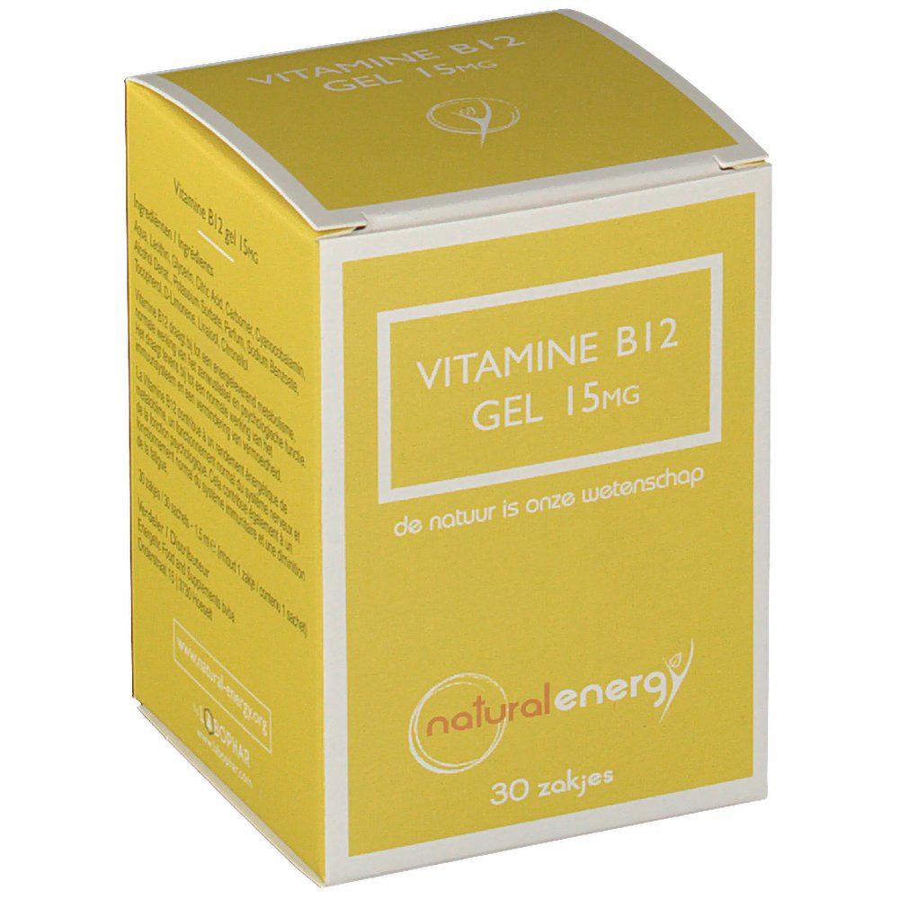 Gele gelverpakking. Opschrift: VITAMINE B12 GEL 15mg. Merk: natural energy. 30 zakjes.