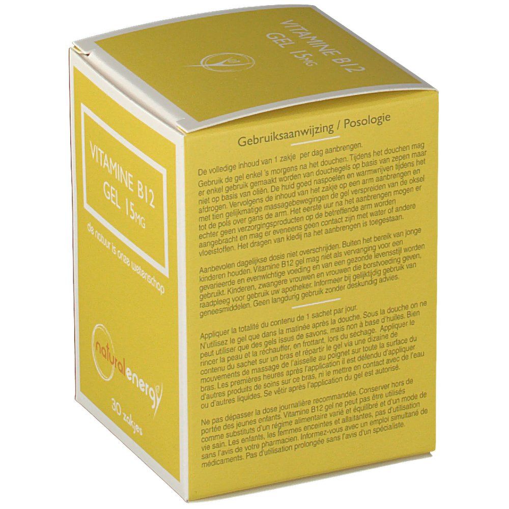 Gele gelverpakking. Tekst: Gebruiksaanwijzing/Dosering. Bevat informatie over het gebruik van de gel.