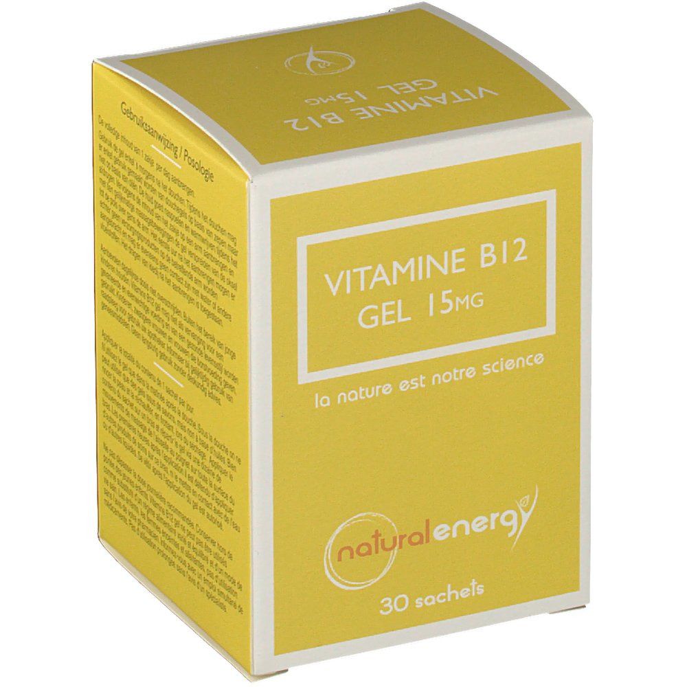 Gele gelverpakking. Opschrift: VITAMINE B12 GEL 15mg. Merk: natural energy. 30 sachets.