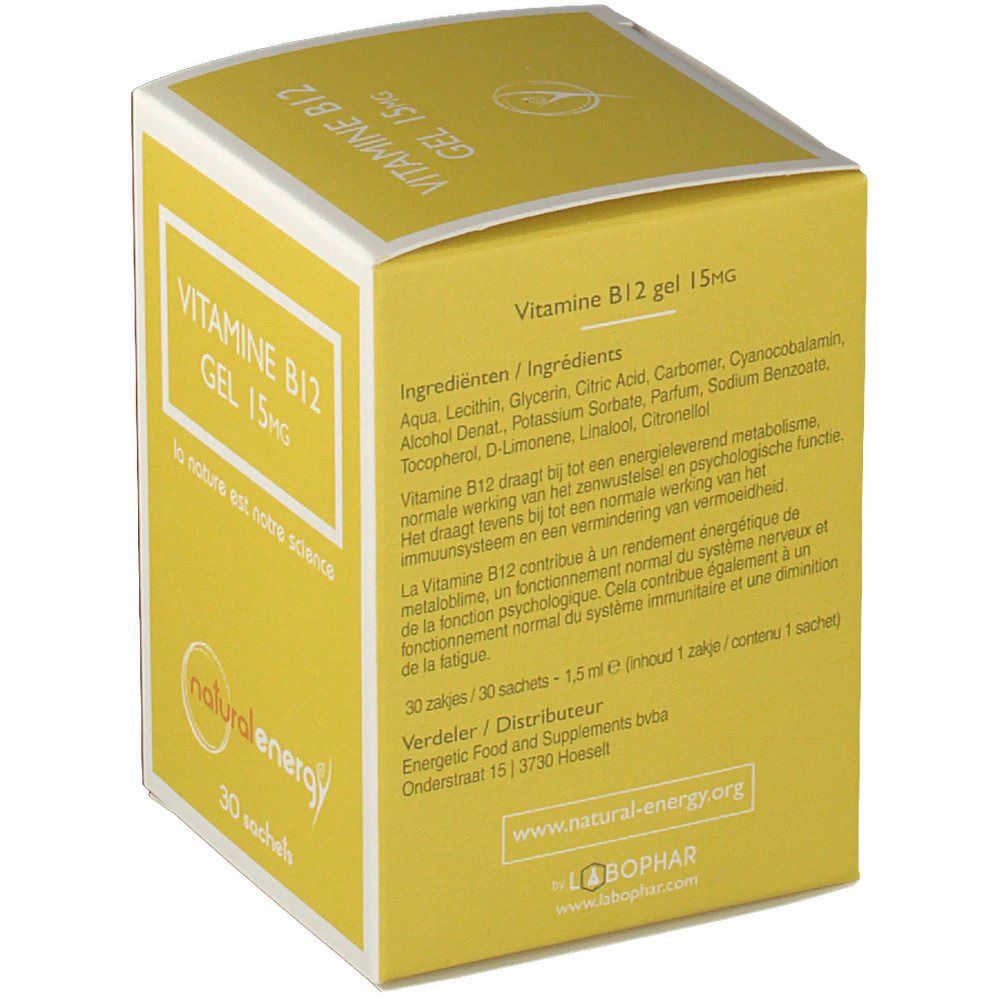 Gele gelverpakking. Bevat informatie over ingrediënten en gebruiksaanwijzing. Merk: natural energy.