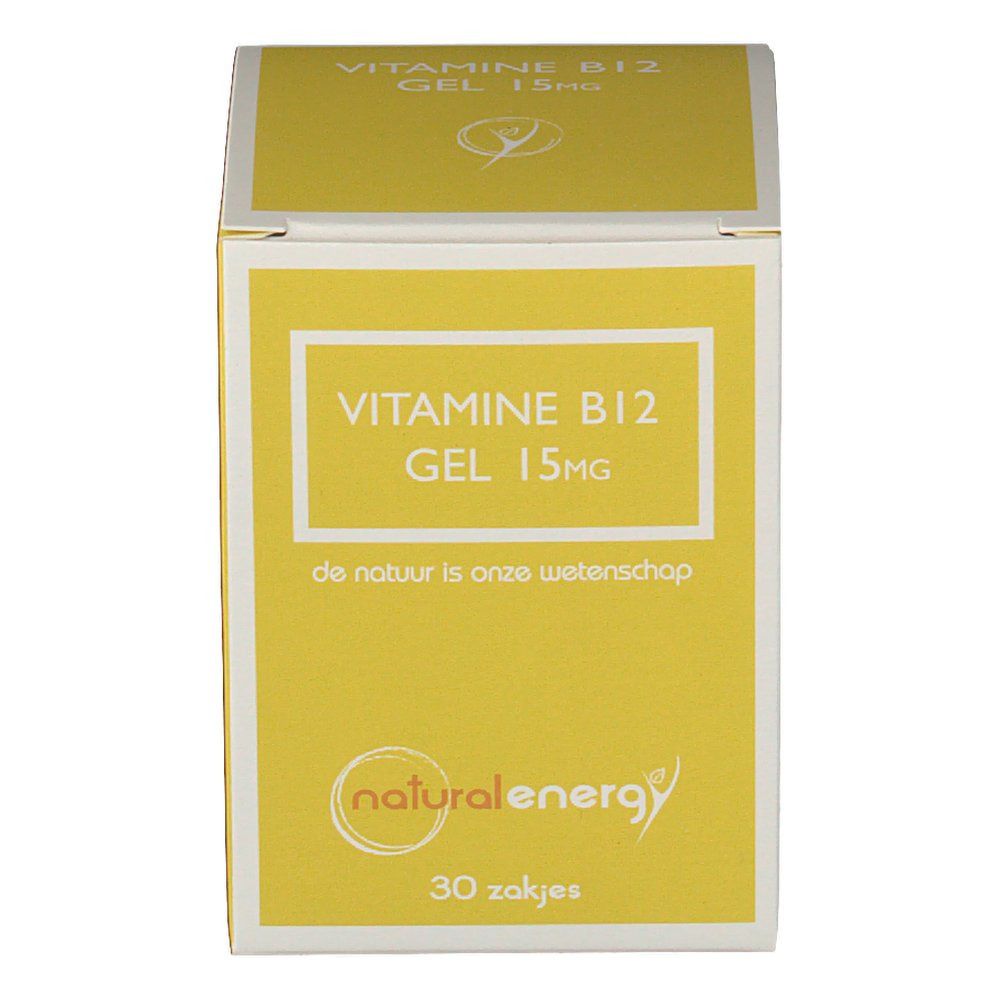 Gele gelverpakking. Opschrift: VITAMINE B12 GEL 15mg. Merk: natural energy. 30 zakjes.