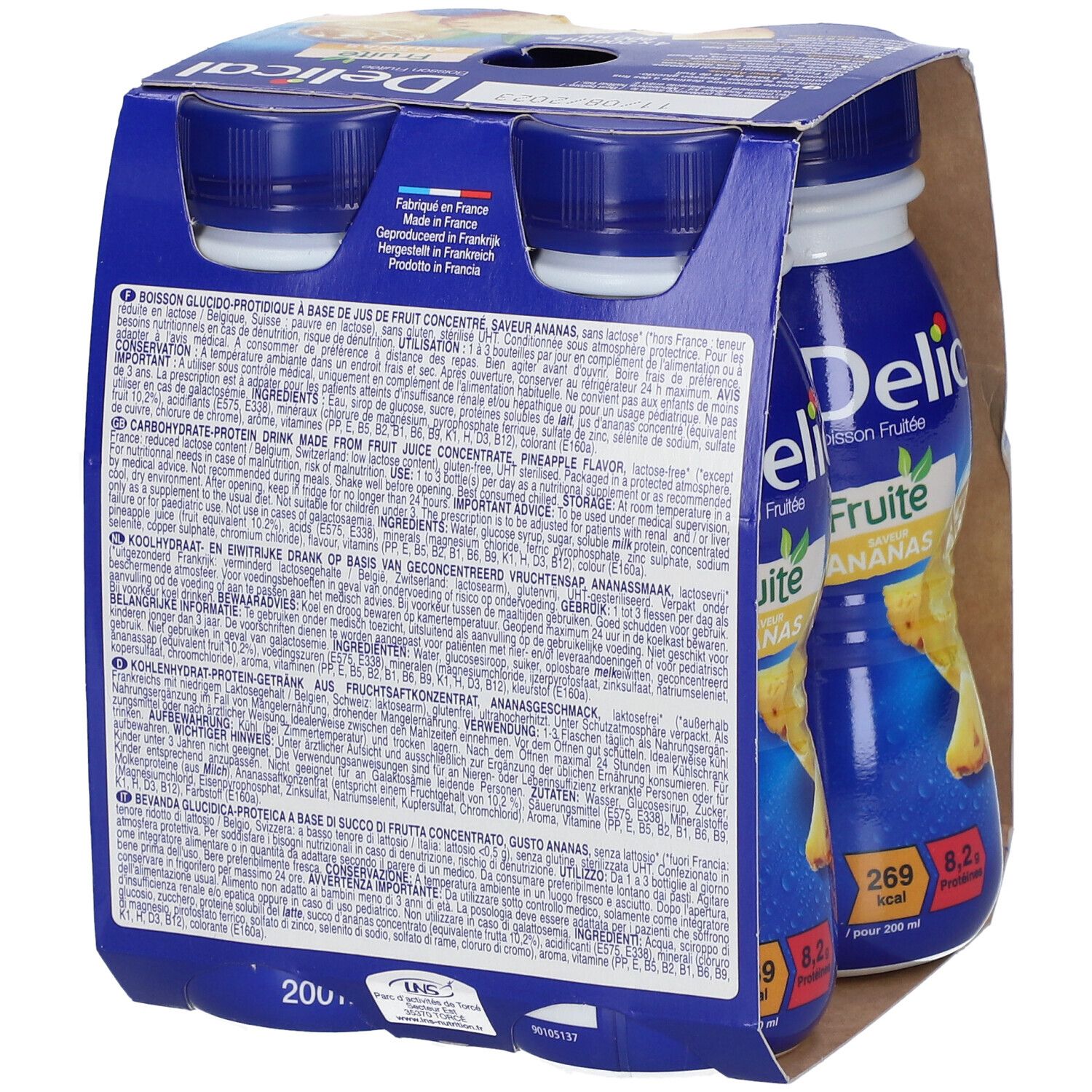 Dos d'un emballage Delical Boisson Fruitée Ananas. Texte multilingue. Emballage bleu avec informations produit et valeurs nutritionnelles.