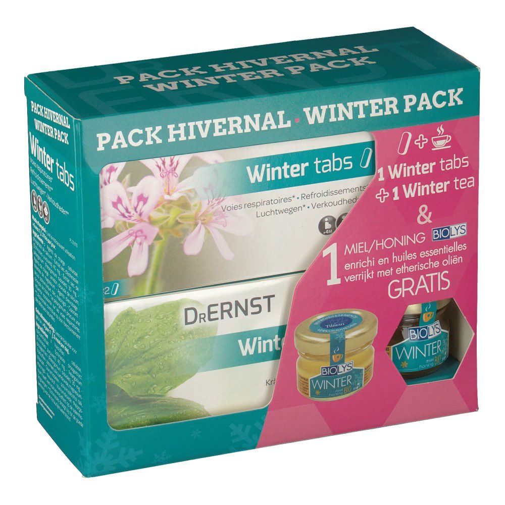 Boîte Dr. Ernst Winter Pack. Contient comprimés, thé et miel aux huiles essentielles. Texte: Winter Pack.