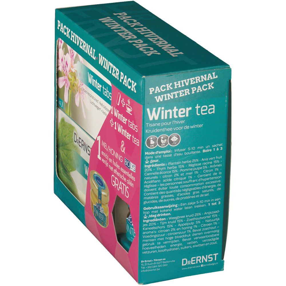 Vue oblique de Dr. Ernst Winter Pack. Contient comprimés, thé et miel aux huiles essentielles. Texte: Winter Pack.