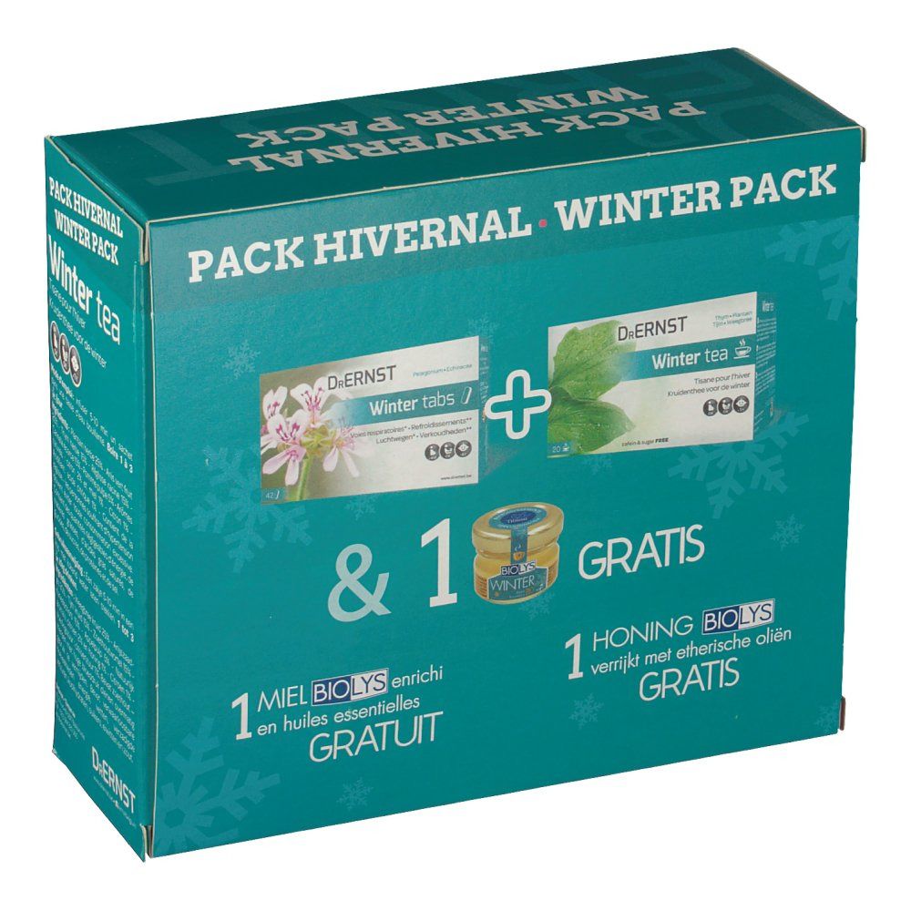 Dr. Ernst Winter Pack avec comprimés, thé et miel aux huiles essentielles. Texte: Winter Pack et Gratuit.