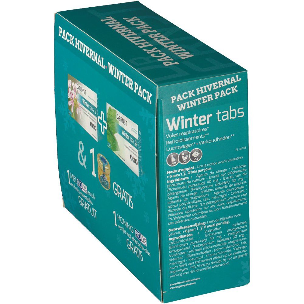 Dr. Ernst Winter Pack avec comprimés, thé et miel aux huiles essentielles. Texte: Winter Pack et Gratuit.