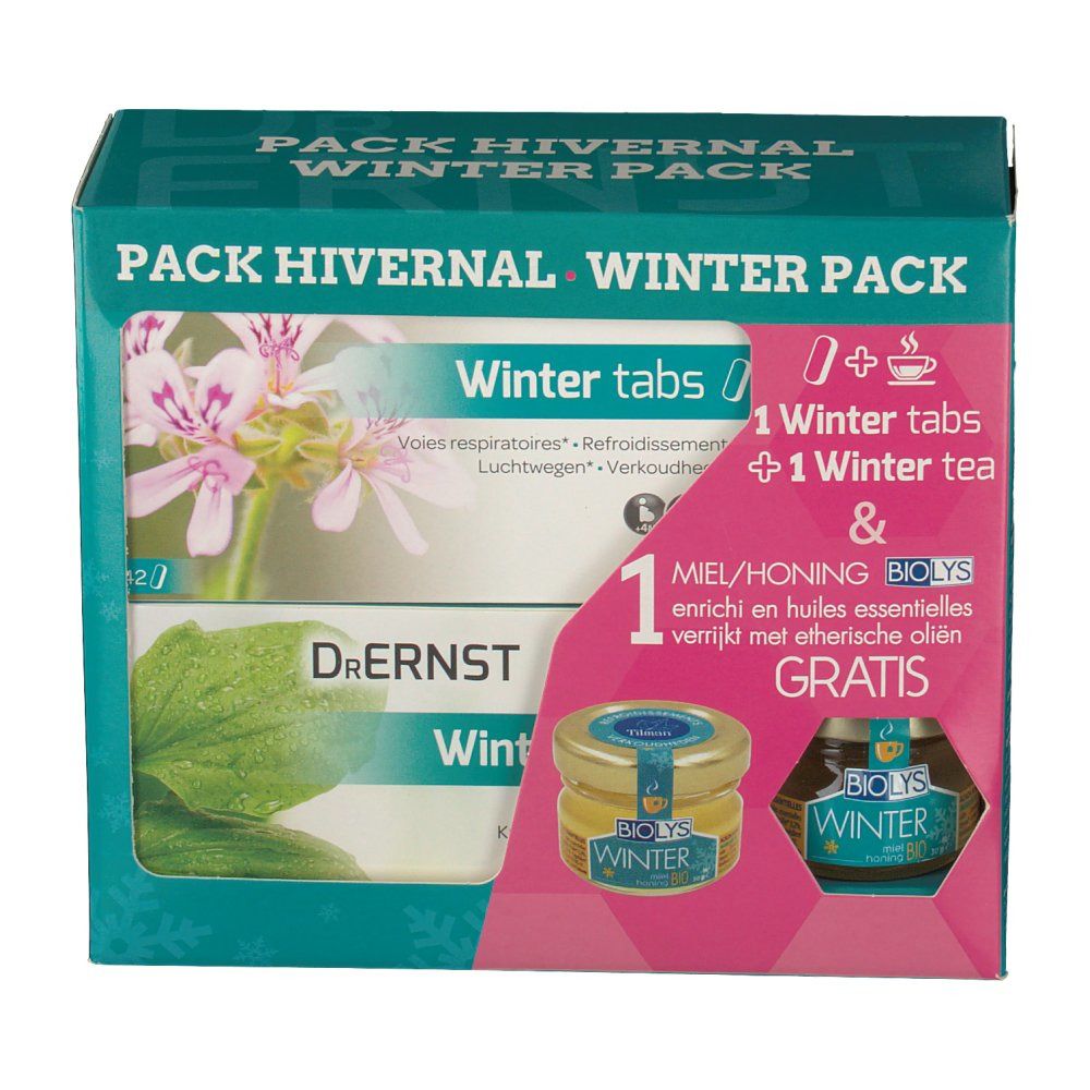 Dr. Ernst Winter Pack avec comprimés, thé et miel aux huiles essentielles. Texte: Winter Pack et Gratuit.
