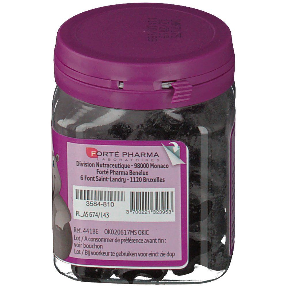 Glazen pot met zwarte gummies. Paarse deksel. Etiket met adres en tekst: Forté Pharma, 3564-810, PL_AS 674/143.