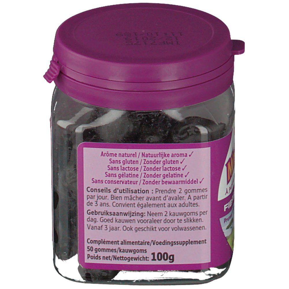 Glazen pot met zwarte gummies. Paarse deksel. Etiket met tekst: Natuurlijk aroma, zonder gluten, zonder lactose, zonder gelatine, 100g.