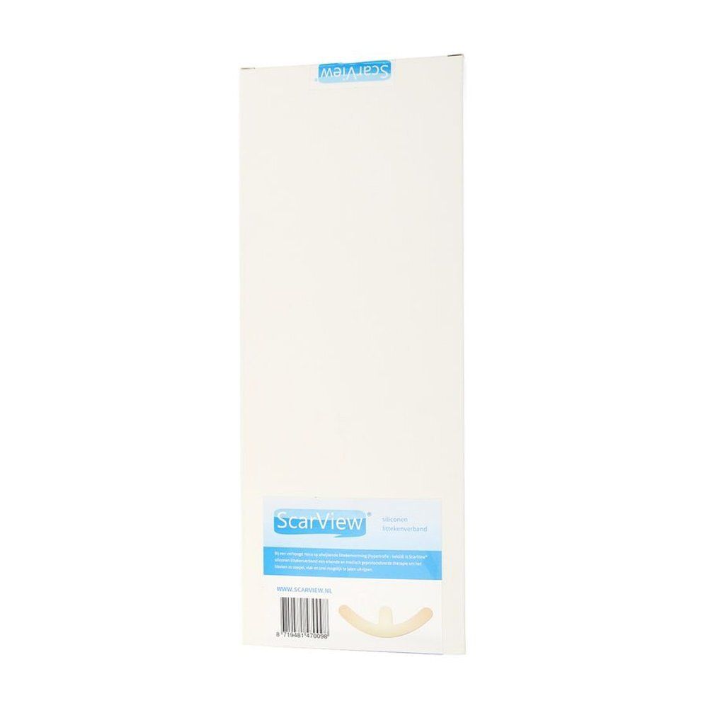 ScarView siliconenpleister, beige, gebogen. CE-markering en medische symbolen zichtbaar.