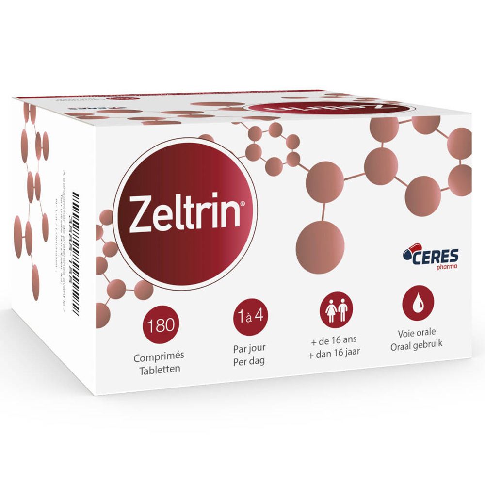 Boîte Zeltrin. Carton blanc avec cercle rouge et texte Zeltrin. Contient 180 comprimés. Informations sur la posologie et l'âge.