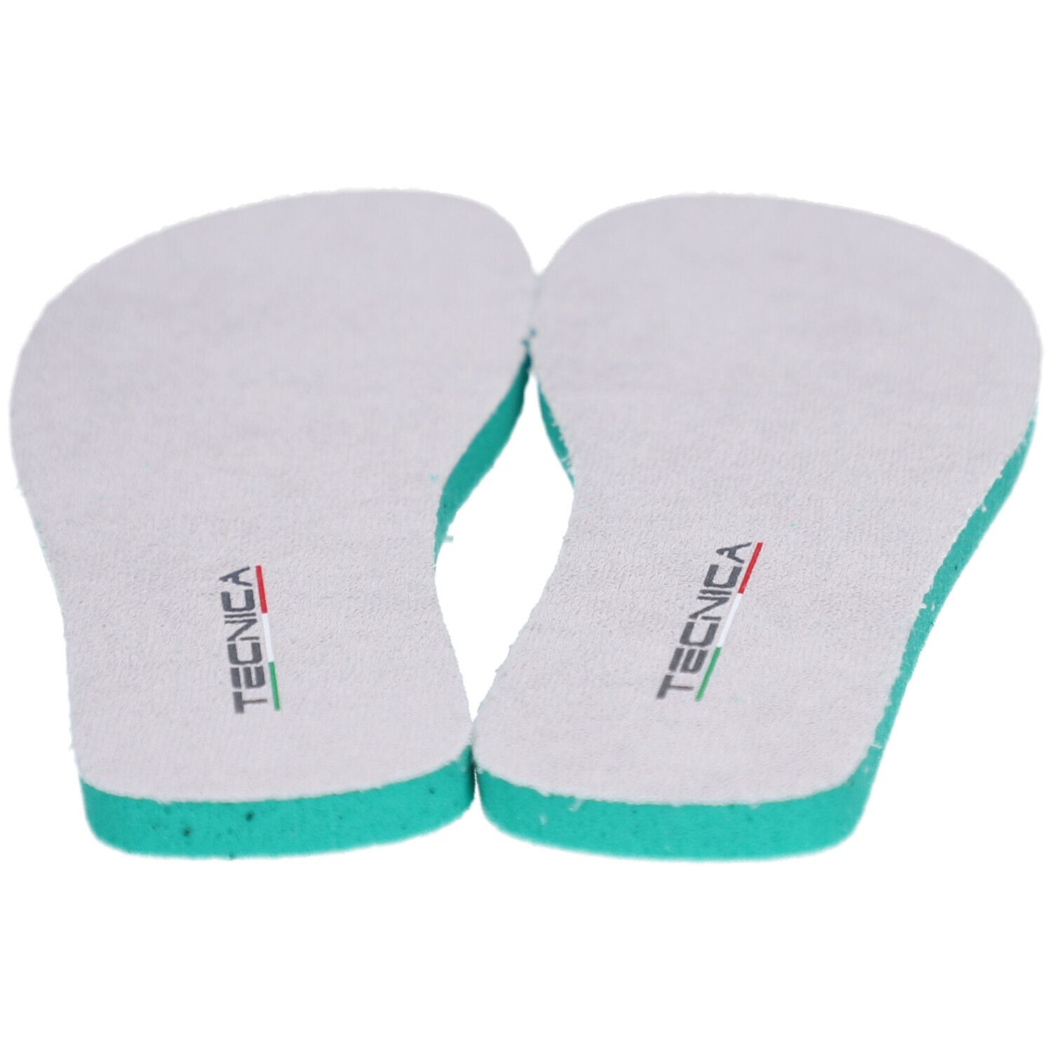 Deux semelles intérieures. Dessus blanc, bords verts, logo TECNICA. Drapeau italien.