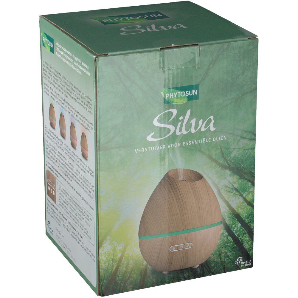 Boîte du produit Silva. Inscription : Phytosun, Silva, diffuseur d'huiles essentielles. Diffuseur aspect bois avec bande verte.