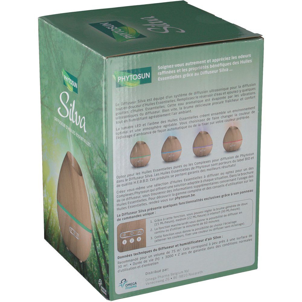 Dos de la boîte du produit Silva. Texte et illustrations du produit et de ses fonctions. Marque Phytosun.