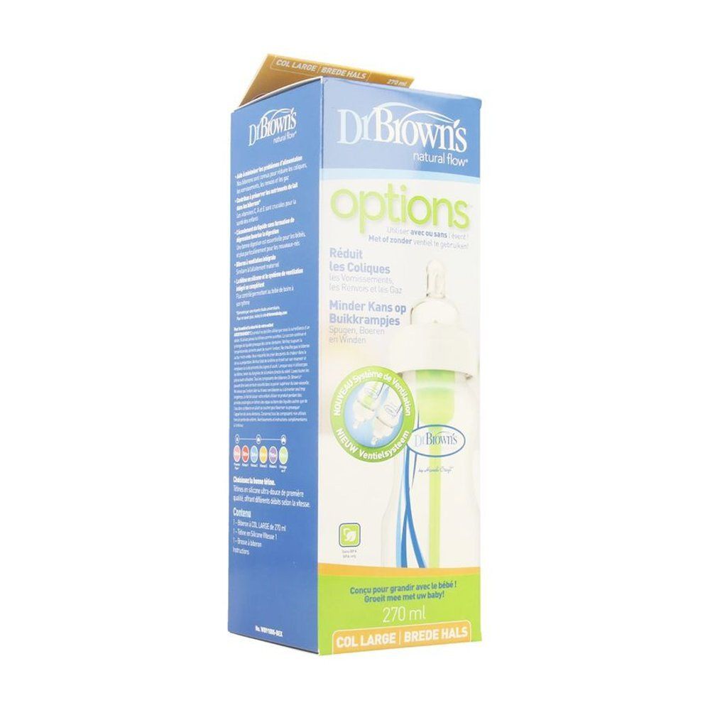 Verpakking van Dr. Brown's Options babyfles. Blauwe en groene doos met productafbeelding en tekst. 270 ml.