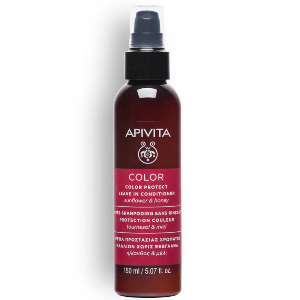 Bruine fles met verstuiver. Opschrift: Apivita, Color Protect Leave In Conditioner. 150 ml.