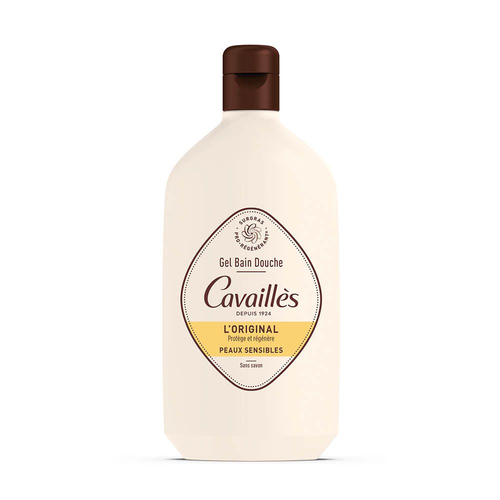 Beige fles met bruine dop. Opschrift: Cavaillès, L'ORIGINAL, Peaux sensibles. Gel Bain Douche.