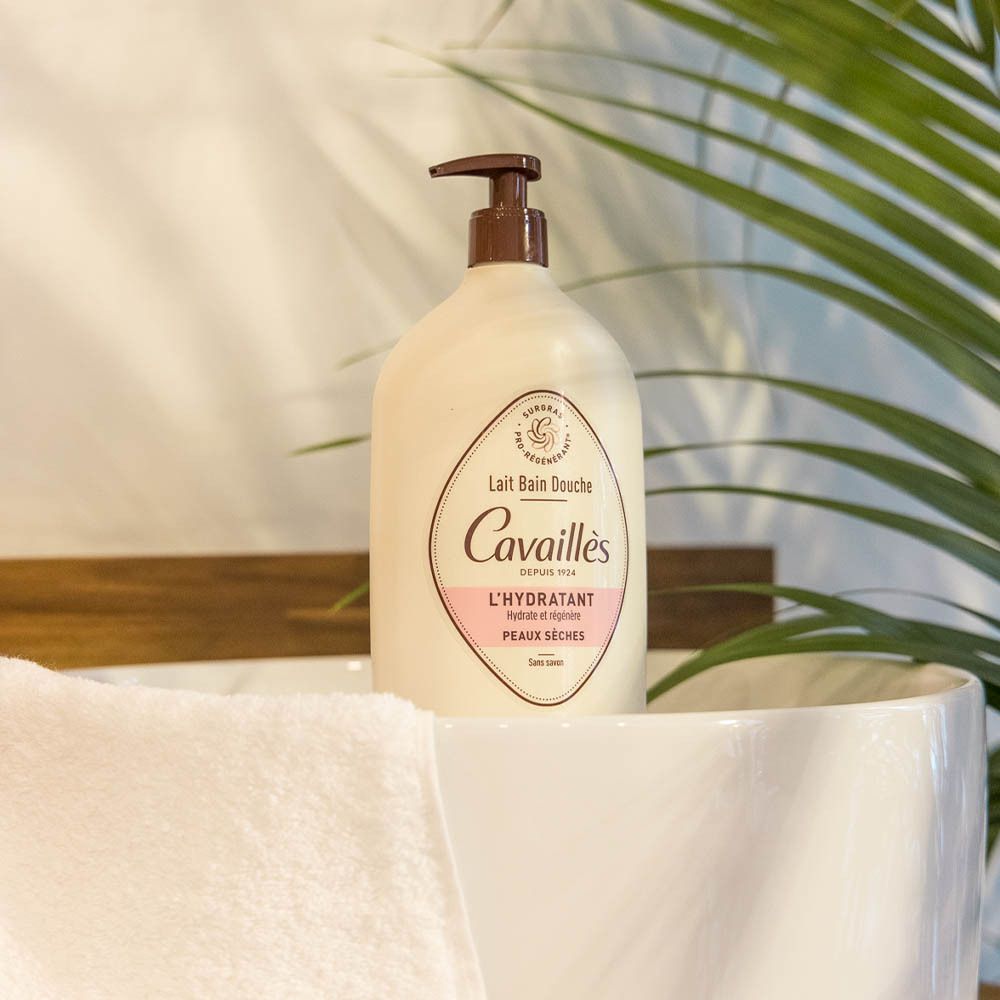 Bain douche Rogé Cavaillès avec pompe, sur lavabo. Fond avec plante.