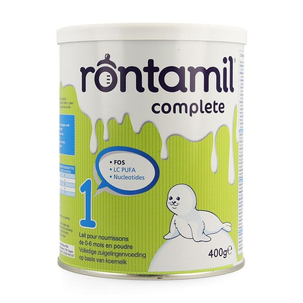 Rontamil 1 Complete zuigelingenmelk. Groen-wit ontwerp, zeehond illustratie. Bevat FOS, LC PUFA, Nucleotiden.