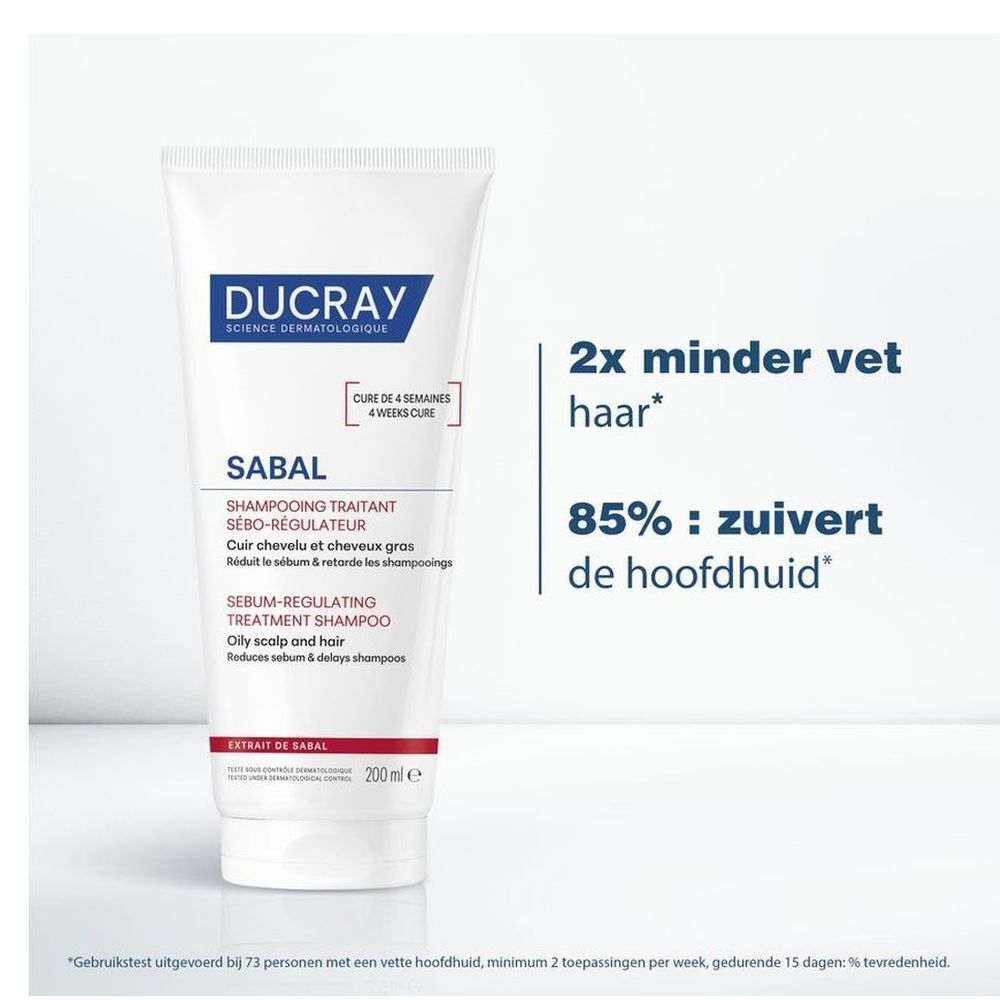 Tube blanc et bleu Ducray Sabal Shampooing. Texte: Sabal, Shampooing Traitant Sébo-Régulateur. 200ml.