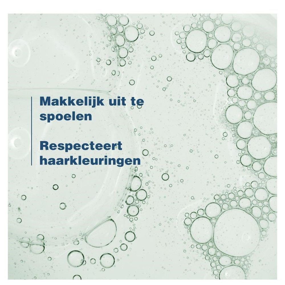 Water met bellen. Tekst: Makkelijk uit te spoelen. Respecteert haarkleuringen.