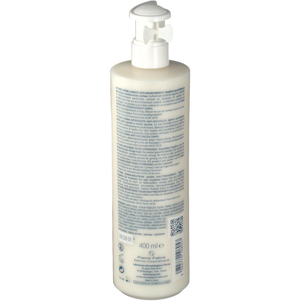 Beige fles met witte pomp. Achterkant met tekst. 400 ml indicatie.