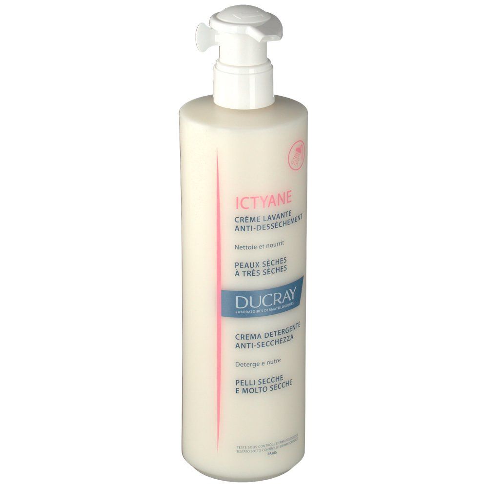 Beige fles met witte pomp. Productnaam en tekst op de voorkant.