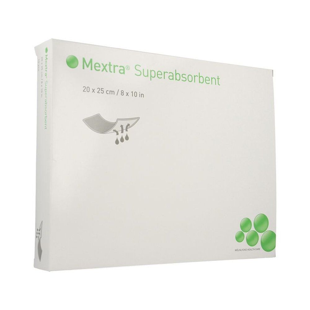 Verpakking Mextra Superabsorbent. Afmetingen 20 x 25 cm. Bedrukt met productlogo en illustratie.