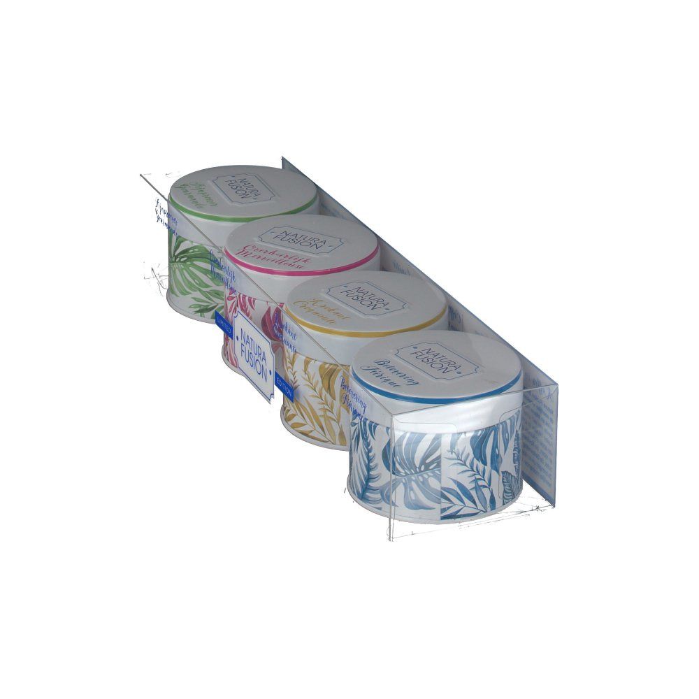 Vue oblique de quatre boîtes rondes dans un présentoir transparent. Inscription "Natura Fusion". Différents motifs.