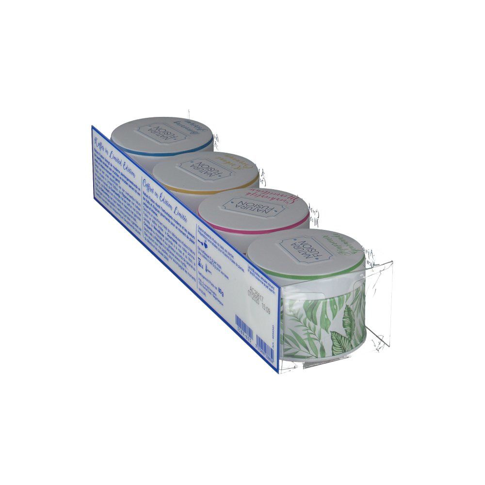 Vue oblique de quatre boîtes rondes dans un présentoir. Texte au dos : "Coffret en édition limitée".